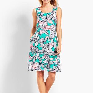T By Talbots L Floral Slub Sleeveless Crisscross-Back Dress Teal Tropical